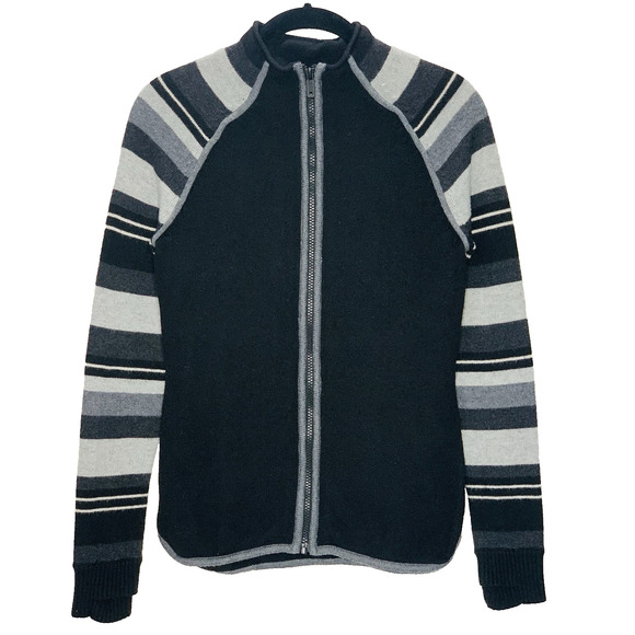SMARTWOOL Dacono Ski Full Zip Sweater XS Black Grey Stripe Merino Wool Blend EUC - Picture 1 of 9
